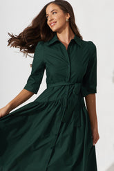 Emerald Cotton Shirt Dress - Marie Midi Style